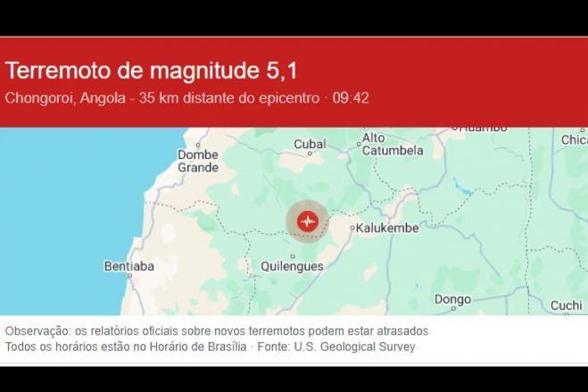 Sismo de Magnitude 5.4 sentido nas províncias de Benguela, Huambo e Bié